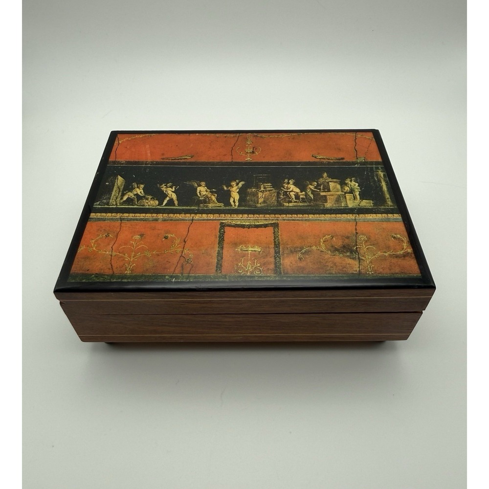 Vintage Made in Italy Music Jewelry  Box Wood Plays "Santa Lucia" Cherubs